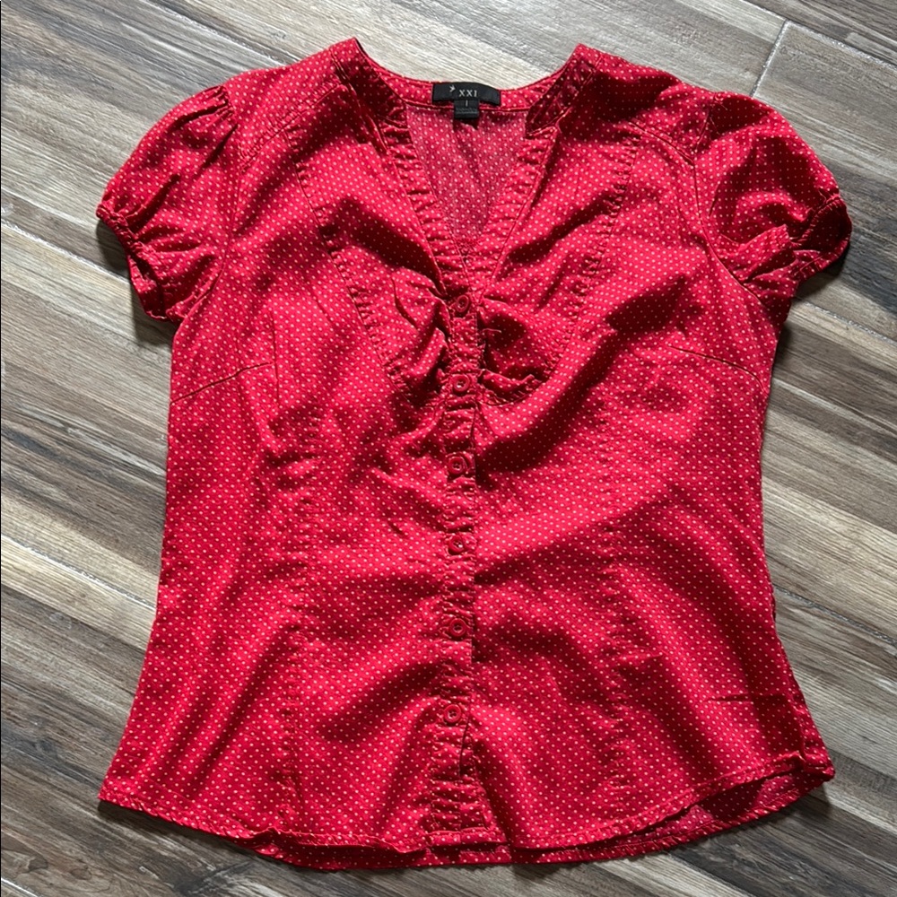 Forever 21 Red Polkadot Puff Sleeve Retro Feminine Blouse